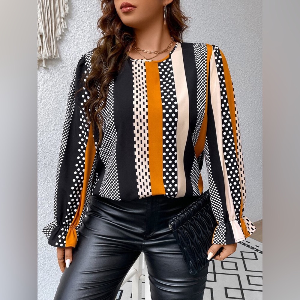 Shein Curve Black White Mustard‎ Stripe Polka Dot Blouse Top 2XL 16 18 20 (A1)